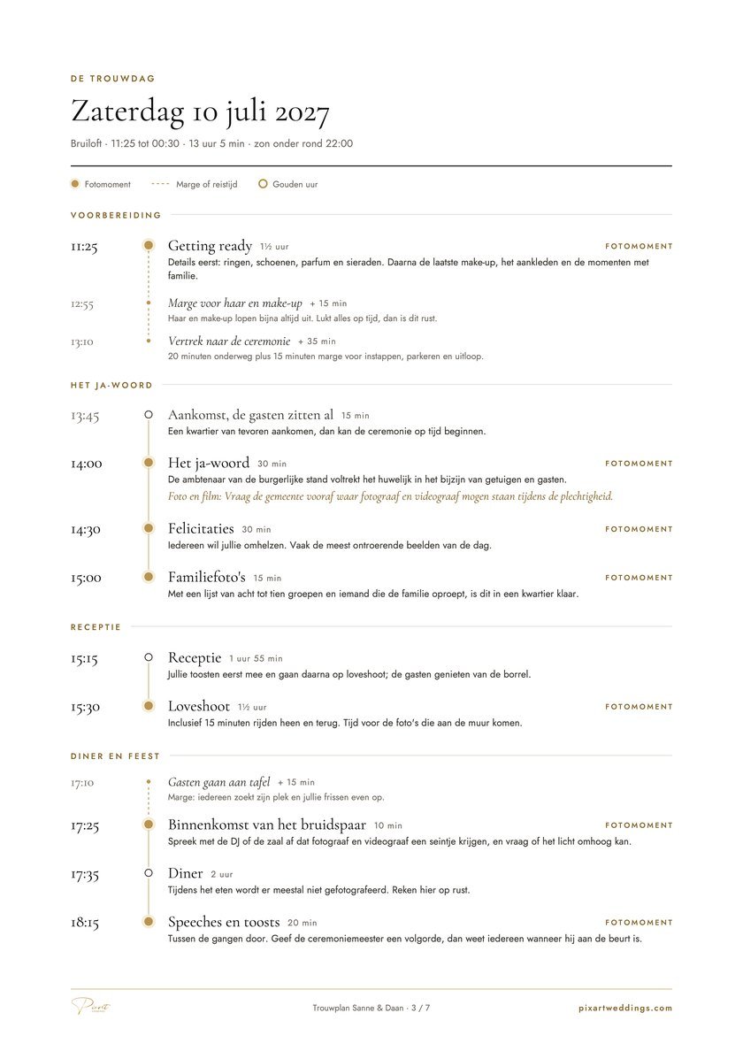 Tweede pagina van een voorbeeld-trouwplan: de tijdlijn van de trouwdag met tijden, marges en fotomomenten