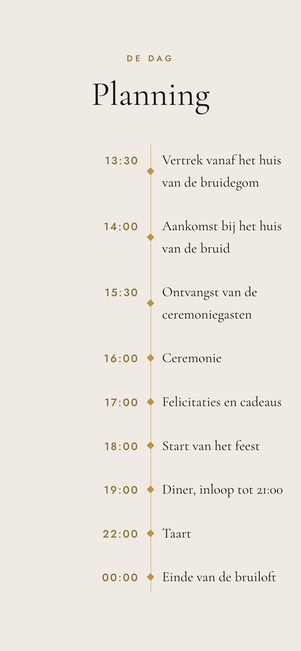 De planning van de dag op een telefoon: van 13:30 vertrek tot 00:00 einde van de bruiloft, met de ceremonie om 16:00.